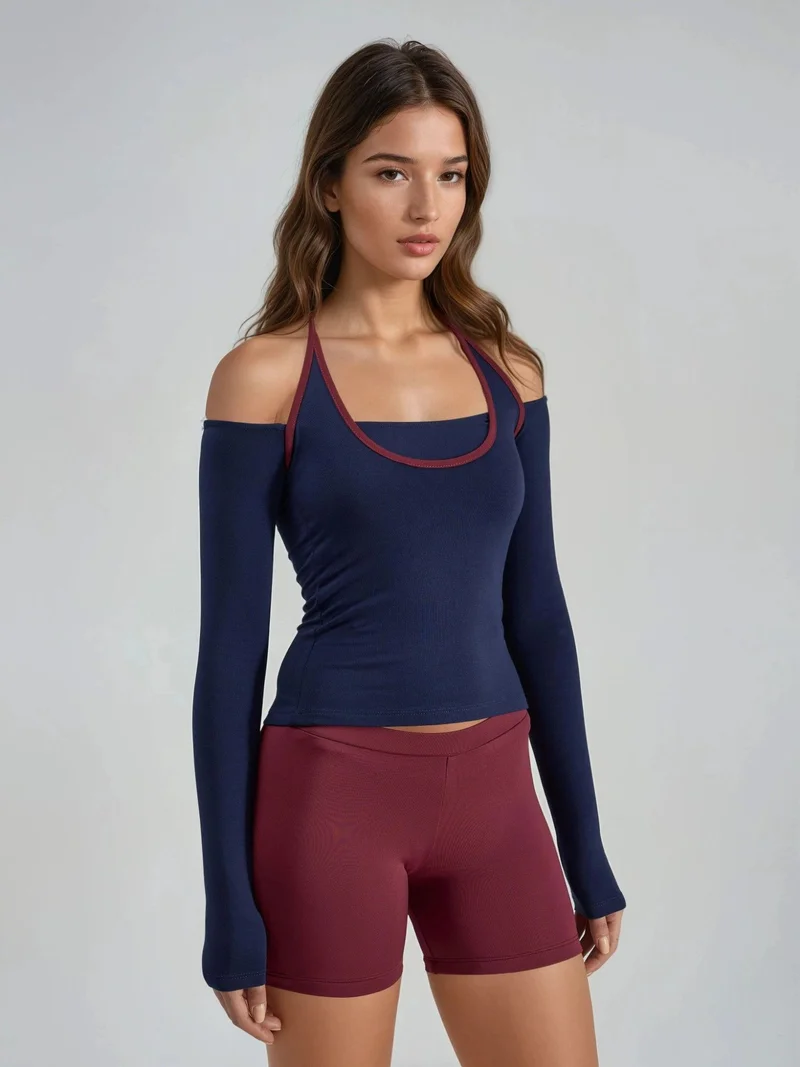 بوسيم BUSEM Slim Fit Knitted Blouse with U Collar and Contrast Binding